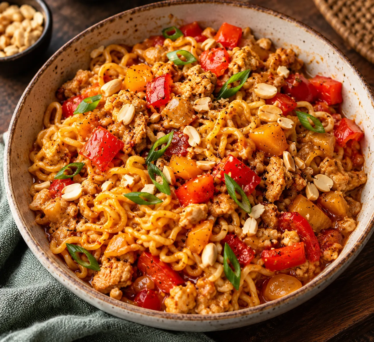 One pot peanut chicken ramen noodles